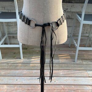 Black Leather Silver Metal Fringe Tassel Tie Boho Hippie Hip Belt